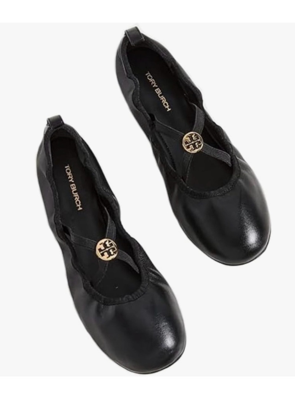 Tory Burch Black Leather Ballet Flats with Gold Logo Button